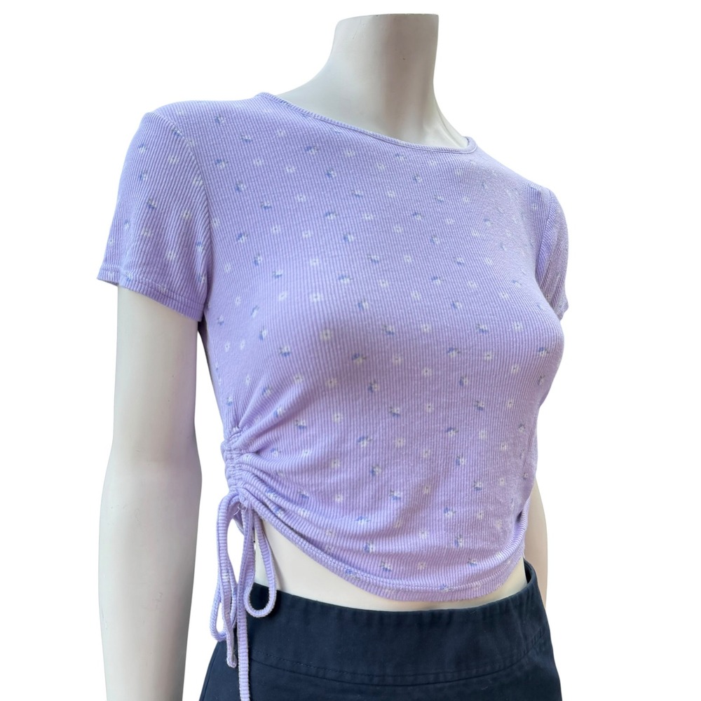 Bluenotes Crop Top Side Cinch Floral Lavender Y2K Soft Girl Ribbed Tee Kidcore M